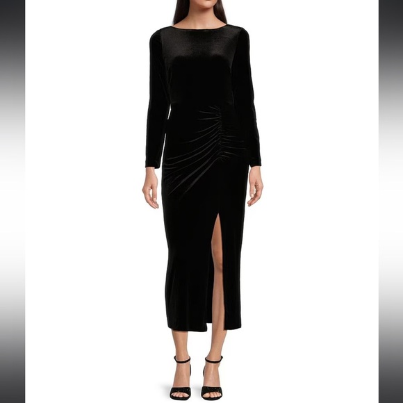 NWT Alex Marie GREEN Velvet Long Sleeve Ruched Waist SideSplit Hem Midi Dress 14 - Picture 1 of 11